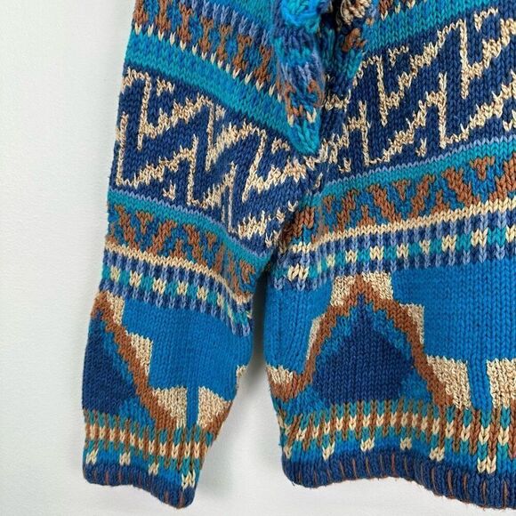 Segrets Sun Prints Teal Navy Tan Fair Isle Aztec Grandpa Chunky Knit Sweater - Picture 12 of 12